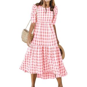 image:imageANRABESS Womens Summer Midi Dresses Casual 2026 Plaid Short Puff Sleeve High Low Flowy Beach Vacation Dress with PocketsPink White Plaid