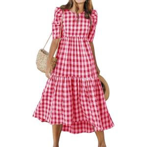 image:imageANRABESS Womens Summer Midi Dresses Casual 2026 Plaid Short Puff Sleeve High Low Flowy Beach Vacation Dress with PocketsRed White Plaid