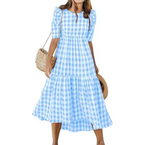 image:imageANRABESS Womens Summer Midi Dresses Casual 2026 Plaid Short Puff Sleeve High Low Flowy Beach Vacation Dress with PocketsSky Blue White Plaid