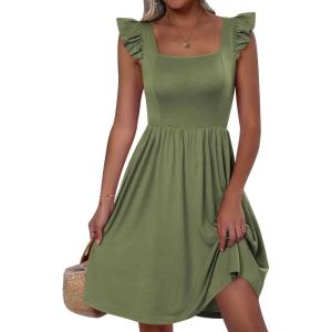 image:imageANRABESS Womens Summer Short Dress 2026 Square Neck Sleeveless A Line Ruffled Wedding Casual Cute Teen Beach Mini SundressOlive