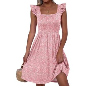 image:imageANRABESS Womens Summer Short Dress 2026 Square Neck Sleeveless A Line Ruffled Wedding Casual Cute Teen Beach Mini SundressPink Floral