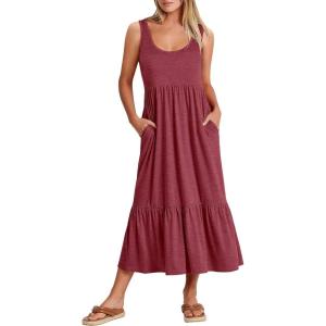 image:imageANRABESS Womens Summer Sleeveless Maxi Sundress Swing Casual Flowy Tiered Shirts Dress Beach Travel Vacation OutfitsDark Red