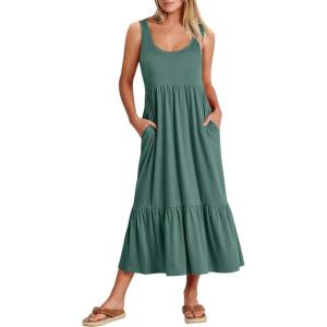 image:imageANRABESS Womens Summer Sleeveless Maxi Sundress Swing Casual Flowy Tiered Shirts Dress Beach Travel Vacation OutfitsGrass