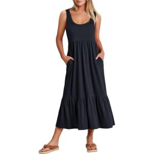 image:imageANRABESS Womens Summer Sleeveless Maxi Sundress Swing Casual Flowy Tiered Shirts Dress Beach Travel Vacation OutfitsNavy Blue