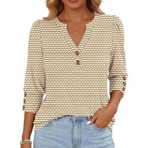 image:imageANRABESS Womens Tops 34 Sleeve Casual Henley Shirts V Neck Buttons Dressy Work Business Blouses 2026 Spring Trendy ClothesApricot Brown Floral