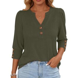 image:imageANRABESS Womens Tops 34 Sleeve Casual Henley Shirts V Neck Buttons Dressy Work Business Blouses 2026 Spring Trendy ClothesArmy Green