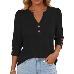 image:imageANRABESS Womens Tops 34 Sleeve Casual Henley Shirts V Neck Buttons Dressy Work Business Blouses 2026 Spring Trendy ClothesBlack
