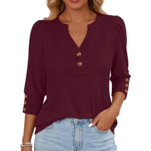 image:imageANRABESS Womens Tops 34 Sleeve Casual Henley Shirts V Neck Buttons Dressy Work Business Blouses 2026 Spring Trendy ClothesBurgundy