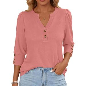 image:imageANRABESS Womens Tops 34 Sleeve Casual Henley Shirts V Neck Buttons Dressy Work Business Blouses 2026 Spring Trendy ClothesCoral