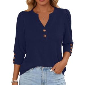 image:imageANRABESS Womens Tops 34 Sleeve Casual Henley Shirts V Neck Buttons Dressy Work Business Blouses 2026 Spring Trendy ClothesDark Blue