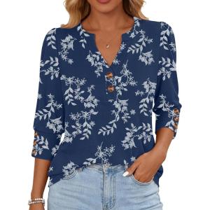 image:imageANRABESS Womens Tops 34 Sleeve Casual Henley Shirts V Neck Buttons Dressy Work Business Blouses 2026 Spring Trendy ClothesDark Navy Floral