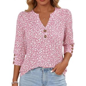 image:imageANRABESS Womens Tops 34 Sleeve Casual Henley Shirts V Neck Buttons Dressy Work Business Blouses 2026 Spring Trendy ClothesFloral Pink