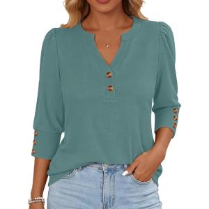 image:imageANRABESS Womens Tops 34 Sleeve Casual Henley Shirts V Neck Buttons Dressy Work Business Blouses 2026 Spring Trendy ClothesGray Green