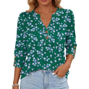 image:imageANRABESS Womens Tops 34 Sleeve Casual Henley Shirts V Neck Buttons Dressy Work Business Blouses 2026 Spring Trendy ClothesGreen Purple Floral