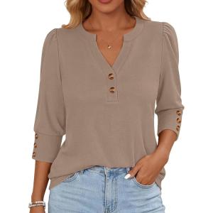 image:imageANRABESS Womens Tops 34 Sleeve Casual Henley Shirts V Neck Buttons Dressy Work Business Blouses 2026 Spring Trendy ClothesKhaki