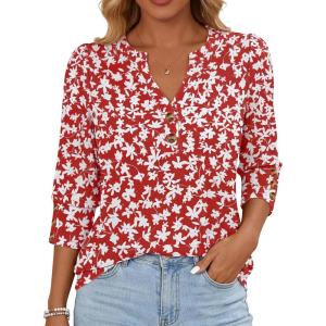 image:imageANRABESS Womens Tops 34 Sleeve Casual Henley Shirts V Neck Buttons Dressy Work Business Blouses 2026 Spring Trendy ClothesRed White Floral