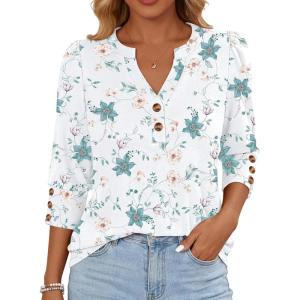 image:imageANRABESS Womens Tops 34 Sleeve Casual Henley Shirts V Neck Buttons Dressy Work Business Blouses 2026 Spring Trendy ClothesWhite With Blue Floral