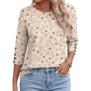 image:imageANRABESS Womens Tops 34 Sleeve Dressy Casual Blouses with Buttons Summer Eyelet Business Shirts Tunics 2026 Spring ClothesBeige Floral