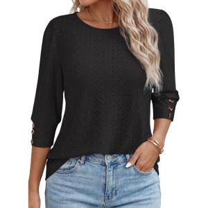 image:imageANRABESS Womens Tops 34 Sleeve Dressy Casual Blouses with Buttons Summer Eyelet Business Shirts Tunics 2026 Spring ClothesBlack