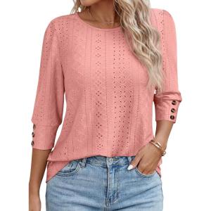 image:imageANRABESS Womens Tops 34 Sleeve Dressy Casual Blouses with Buttons Summer Eyelet Business Shirts Tunics 2026 Spring ClothesCoral