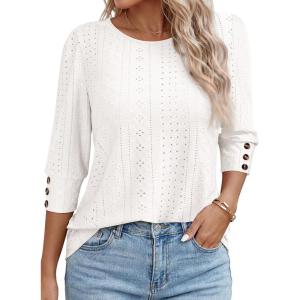 image:imageANRABESS Womens Tops 34 Sleeve Dressy Casual Blouses with Buttons Summer Eyelet Business Shirts Tunics 2026 Spring ClothesCream White