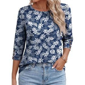 image:imageANRABESS Womens Tops 34 Sleeve Dressy Casual Blouses with Buttons Summer Eyelet Business Shirts Tunics 2026 Spring ClothesDeep Blue White Floral