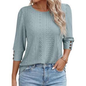 image:imageANRABESS Womens Tops 34 Sleeve Dressy Casual Blouses with Buttons Summer Eyelet Business Shirts Tunics 2026 Spring ClothesGreen