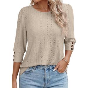 image:imageANRABESS Womens Tops 34 Sleeve Dressy Casual Blouses with Buttons Summer Eyelet Business Shirts Tunics 2026 Spring ClothesKhaki
