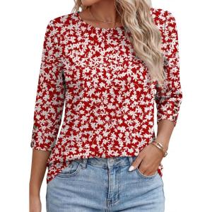 image:imageANRABESS Womens Tops 34 Sleeve Dressy Casual Blouses with Buttons Summer Eyelet Business Shirts Tunics 2026 Spring ClothesRed White Floral