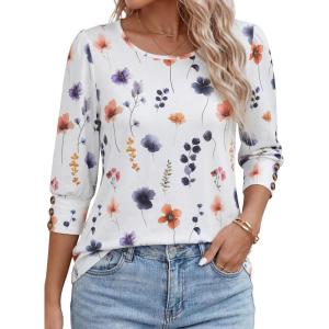image:imageANRABESS Womens Tops 34 Sleeve Dressy Casual Blouses with Buttons Summer Eyelet Business Shirts Tunics 2026 Spring ClothesWhite Colorful Floral