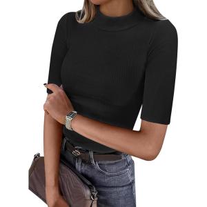 image:imageANRABESS Womens Tops Mock Neck Half Sleeve Shirts Ribbed Knit Slim Fit Basic Tee 2026 Summer Fall Dressy Casual TShirtsBlack