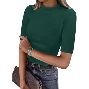 image:imageANRABESS Womens Tops Mock Neck Half Sleeve Shirts Ribbed Knit Slim Fit Basic Tee 2026 Summer Fall Dressy Casual TShirtsDeep Green
