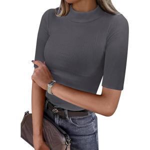 image:imageANRABESS Womens Tops Mock Neck Half Sleeve Shirts Ribbed Knit Slim Fit Basic Tee 2026 Summer Fall Dressy Casual TShirtsDeep Grey