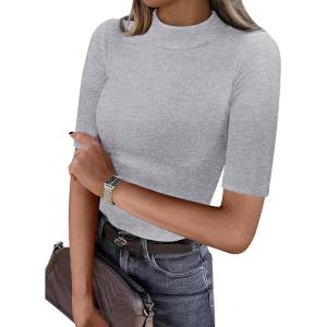image:imageANRABESS Womens Tops Mock Neck Half Sleeve Shirts Ribbed Knit Slim Fit Basic Tee 2026 Summer Fall Dressy Casual TShirtsGrey