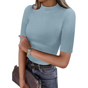 image:imageANRABESS Womens Tops Mock Neck Half Sleeve Shirts Ribbed Knit Slim Fit Basic Tee 2026 Summer Fall Dressy Casual TShirtsGrey Blue