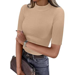 image:imageANRABESS Womens Tops Mock Neck Half Sleeve Shirts Ribbed Knit Slim Fit Basic Tee 2026 Summer Fall Dressy Casual TShirtsLight Khaki