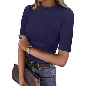 image:imageANRABESS Womens Tops Mock Neck Half Sleeve Shirts Ribbed Knit Slim Fit Basic Tee 2026 Summer Fall Dressy Casual TShirtsNavy Blue