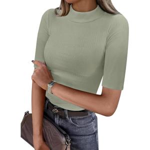 image:imageANRABESS Womens Tops Mock Neck Half Sleeve Shirts Ribbed Knit Slim Fit Basic Tee 2026 Summer Fall Dressy Casual TShirtsSage Green