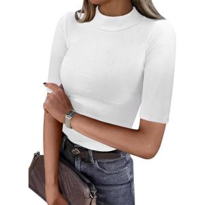 image:imageANRABESS Womens Tops Mock Neck Half Sleeve Shirts Ribbed Knit Slim Fit Basic Tee 2026 Summer Fall Dressy Casual TShirtsWhite