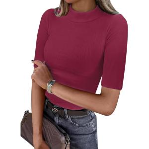 image:imageANRABESS Womens Tops Mock Neck Half Sleeve Shirts Ribbed Knit Slim Fit Basic Tee 2026 Summer Fall Dressy Casual TShirtsWine Red