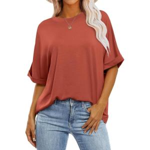 image:imageANRABESS Womens Tops Oversized T Shirts Short Sleeve Crewneck Summer Casual Loose Basic Tee Shirt 2026 Trendy Fashion ClothesBrick Red