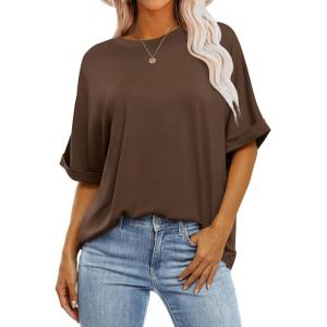 image:imageANRABESS Womens Tops Oversized T Shirts Short Sleeve Crewneck Summer Casual Loose Basic Tee Shirt 2026 Trendy Fashion ClothesDark Brown