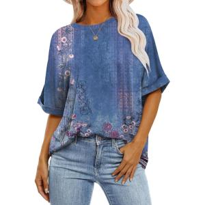 image:imageANRABESS Womens Tops Oversized T Shirts Short Sleeve Crewneck Summer Casual Loose Basic Tee Shirt 2026 Trendy Fashion ClothesFloral Blue Flower