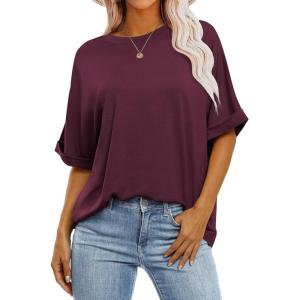 image:imageANRABESS Womens Tops Oversized T Shirts Short Sleeve Crewneck Summer Casual Loose Basic Tee Shirt 2026 Trendy Fashion ClothesWine
