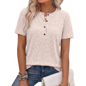 image:imageANRABESS Womens Tops Short Sleeve Henley Shirts Dressy Casual Blouse Summer Cute Tshirt 2026 Spring Lightweight Tunic SweaterBegie
