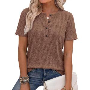 image:imageANRABESS Womens Tops Short Sleeve Henley Shirts Dressy Casual Blouse Summer Cute Tshirt 2026 Spring Lightweight Tunic SweaterBrown