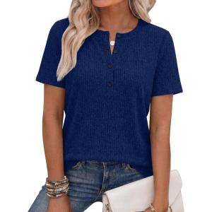 image:imageANRABESS Womens Tops Short Sleeve Henley Shirts Dressy Casual Blouse Summer Cute Tshirt 2026 Spring Lightweight Tunic SweaterDeep Blue