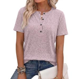 image:imageANRABESS Womens Tops Short Sleeve Henley Shirts Dressy Casual Blouse Summer Cute Tshirt 2026 Spring Lightweight Tunic SweaterPink