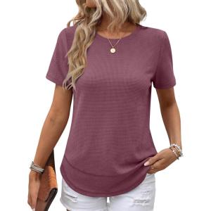 image:imageANRABESS Womens Waffle Knit Tops Short Sleeve Crewneck Shirts Curved Hem Summer Dressy Casual Blouses Spring Fashion ClothingMauve