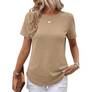 image:imageANRABESS Womens Waffle Knit Tops Short Sleeve Crewneck Shirts Curved Hem Summer Dressy Casual Blouses Spring Fashion ClothingTan